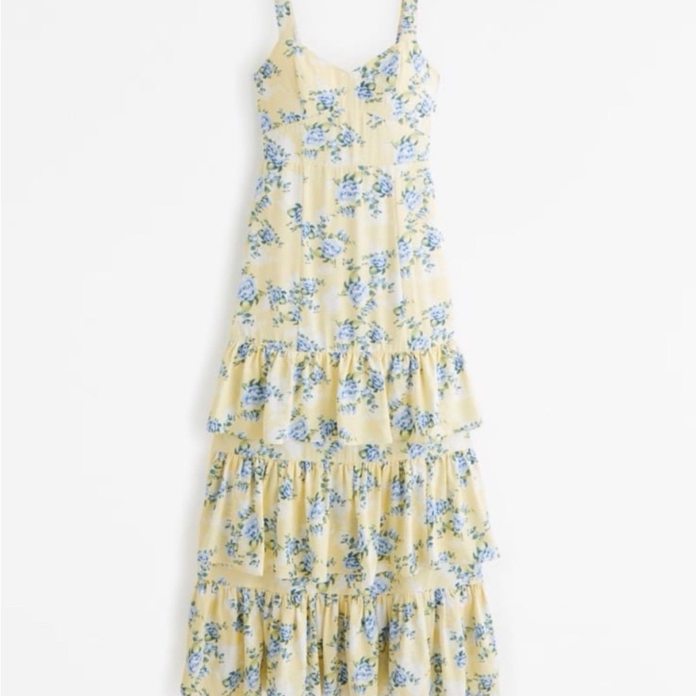 Abercrombie & Fitch Yellow Floral Drama Ruffle Tiered Maxi Dress Small Long